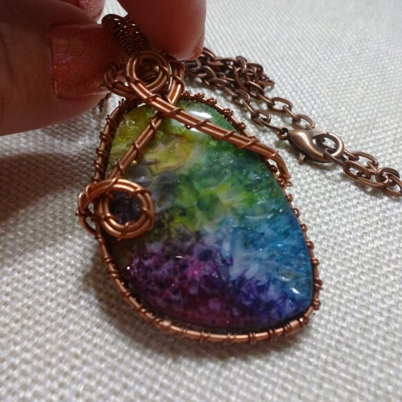 Beautiful SOLAR AGATE Handmade COPPER WIRE-WRAPPED PENDANT/Chain #327C - Picture 2 of 3